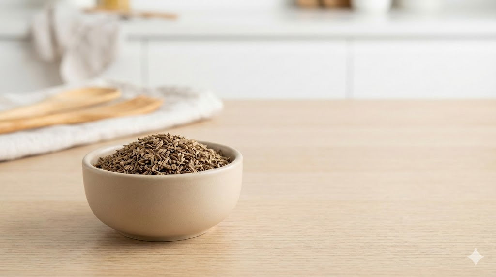Whole dill seeds in a ceramic bowl on a wooden kitchen surface